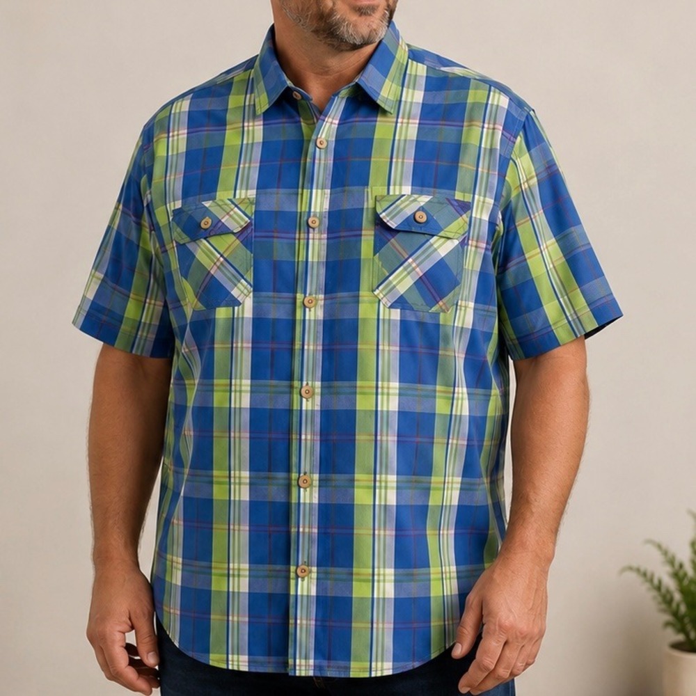 Red Camel Men's XXL Blue Green Plaid Button Front Shirt Cotton Western Style